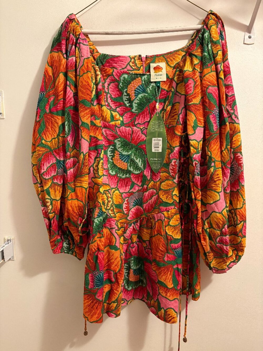 NWT FARM Rio Floral Tie-Side Mini Dress Balloon Sleeve Tropical Print Size XL